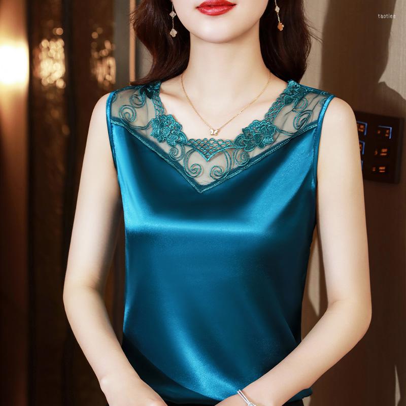 

Women's Blouses Summer Sleeveless Loose Silk Shirts Fashion Lace Embroid Neck Satin Blouse For Women Elegant Office Lady Casual Top 25219, Black