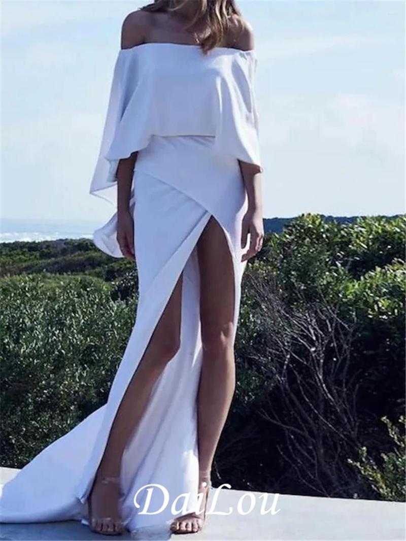 

Party Dresses Sheath / Column Prom White Dress Wear Court Train Long Sleeve Off Shoulder Stretch Satin With Sleek Slit, Purple