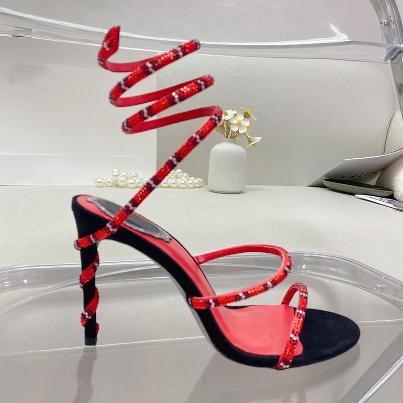 

Designer fine high heeled sandals female luxury crystal rivets snake print ankle wrapped dress shoes 9.5 cm high heeled rhinestone Roman womens sandals, Burgundy