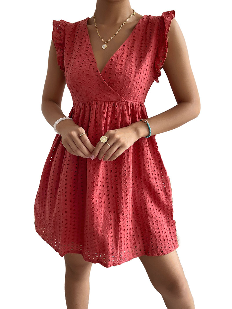 

V-neck A-line Women's Casual Dresses Pullover Layered Covering Chest Ruched High Waist Short Length Short Sleeves Embroidered Hollow Out Basic Style Spring Summer, Soil red