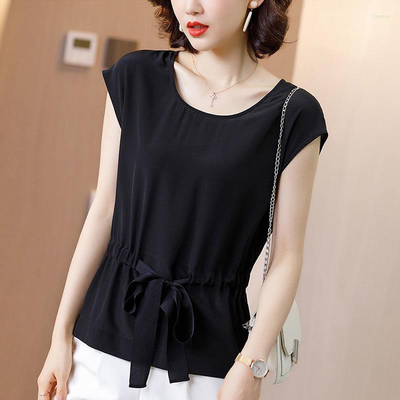 

Women's T Shirts Chiffon Short Sleeve Shirt Tops Ladies 2023 Summer Solid Color Lacing Loose Pullovers Simplicity Fashion Women Clothing, Black