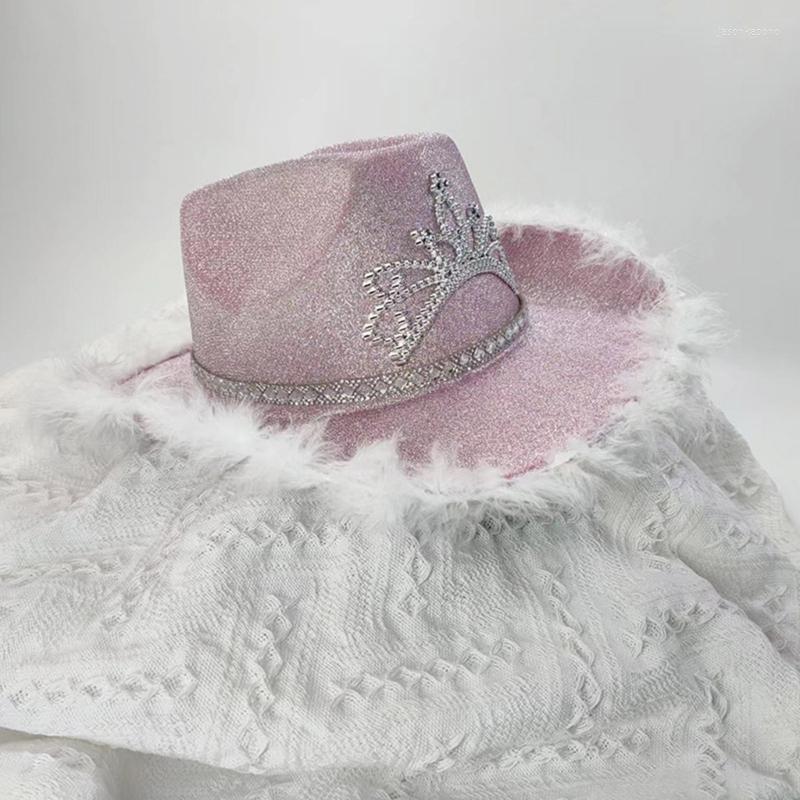 

Berets Windproof Feather Brim Fedora Hats For Woman Men Thick Fabric Cowboy Hat With Shimmering Powder Western Jazz Felt