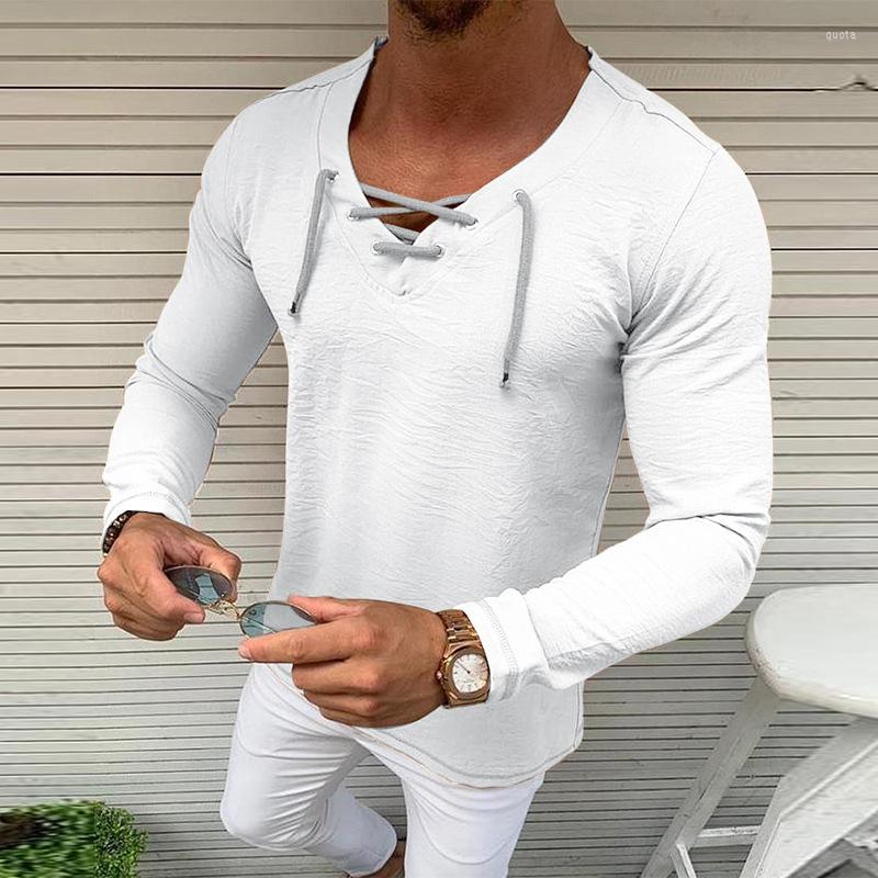 

Men' T Shirts Men' V-Neck Shirt Spring Autumn Long Sleeve Tshirt Male Solid Tees Tops Casual Bandage Mens Clothing Outdoor Tee, Khaki