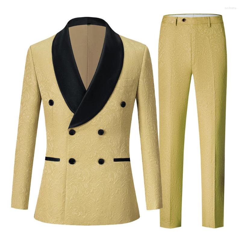 

Men's Suits 2023 European And American Style Jacquard Double-breasted Solid Color Suit Green Fruit Collar Men's Dress Two-piece Set Of, Blue