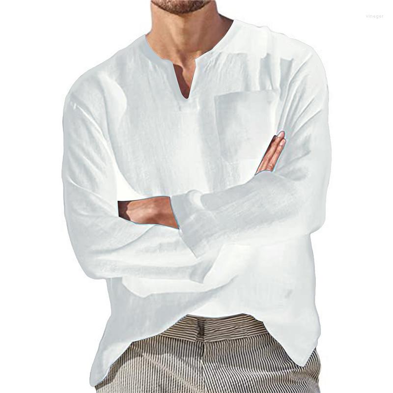 

Men's T Shirts Mens Clothes Stylish Solid Color V Neck Pocket Long Sleeve Tee Top Men Shirt Streetwear Cotton Linen Tees, White