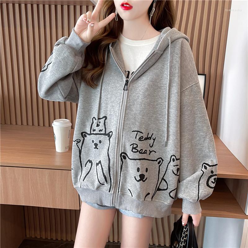 

Women's Hoodies Fall Cute Cardigan Hoodie Woman Bear Print Long Sleeve Zipper Loose Casual Streetwear Sweatshirt Kawaii Harajuku Fashion Top, Black