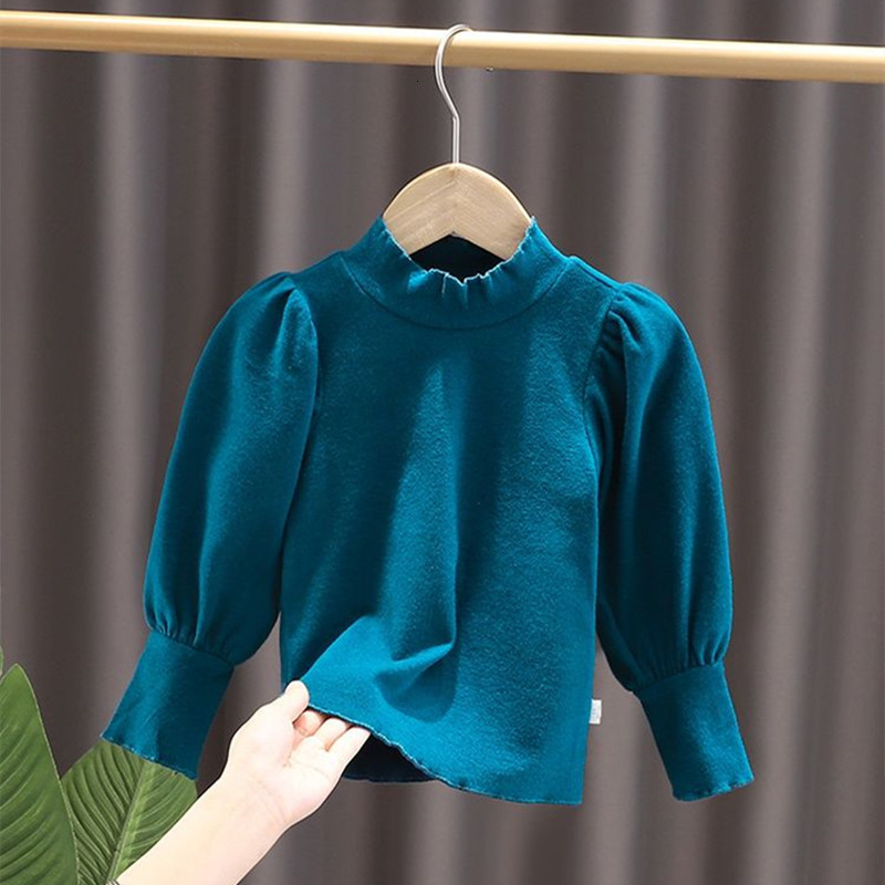 

T-shirts Girls Bottoming shirt Autumn High-neck Long-sleeved Tops Baby Girls Puff Sleeve T-shirts Children's T-shirts 1-7Y 230414, Blue