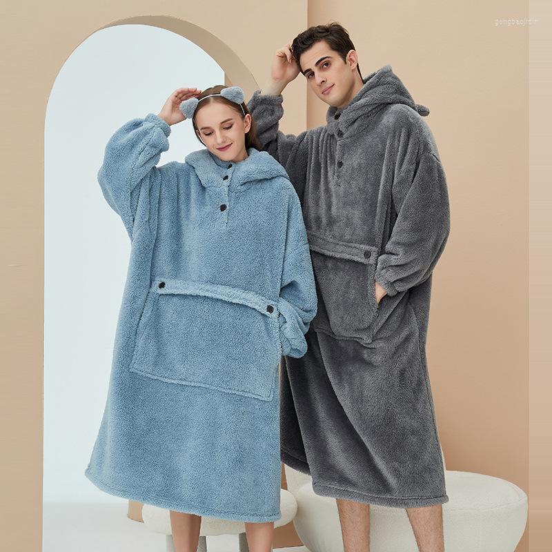 

Women's Sleepwear Warm Pajamas Women's Autumn And Winter Flannel Nightgown Thickened Home Service Cute Hooded Couples Robe Cotton, Light blue
