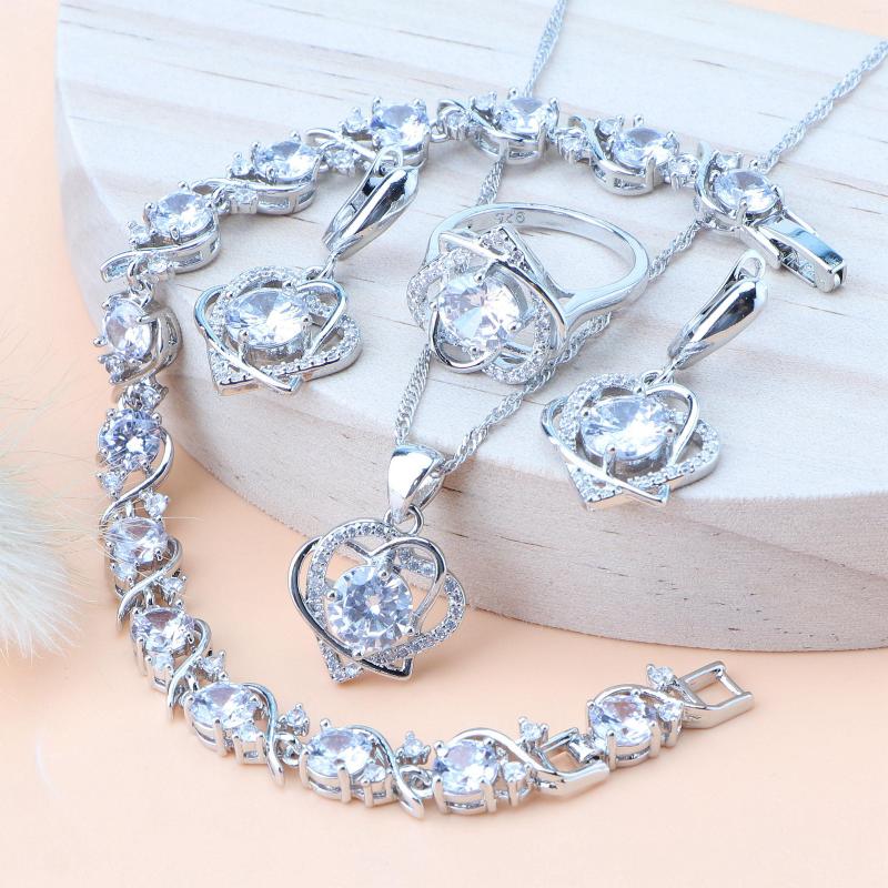 

Necklace Earrings Set White Zircon Bridal For Women Bracelets Ladies Stones Rings Luxury Wedding Jewelry Pendant, Picture shown