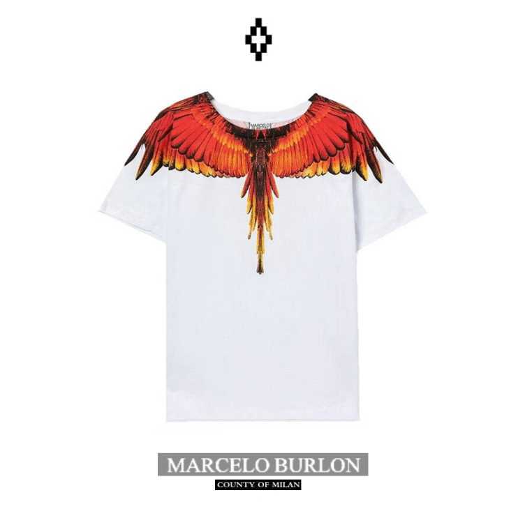 

2023 Designer Marcelos Burlons Pink Purple Winged Short Sleeve Men's and Women's Street T-shirts Summer Fashion Ins 46ME, White/flame yellow flame bird