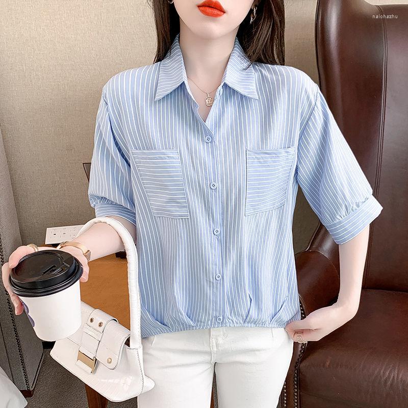 

Women's Blouses Woman Stripe Print Casual Short Sleeve Loose Shirts Female Elegant Retro Cotton And Linen Tops Oversized G220, Blue