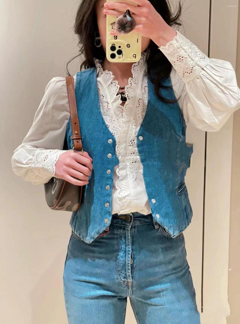 

Women's Vests 2023 Spring / Summer All-match Slim Retro Denim Button-up Sleeveless Female Vest, Blue