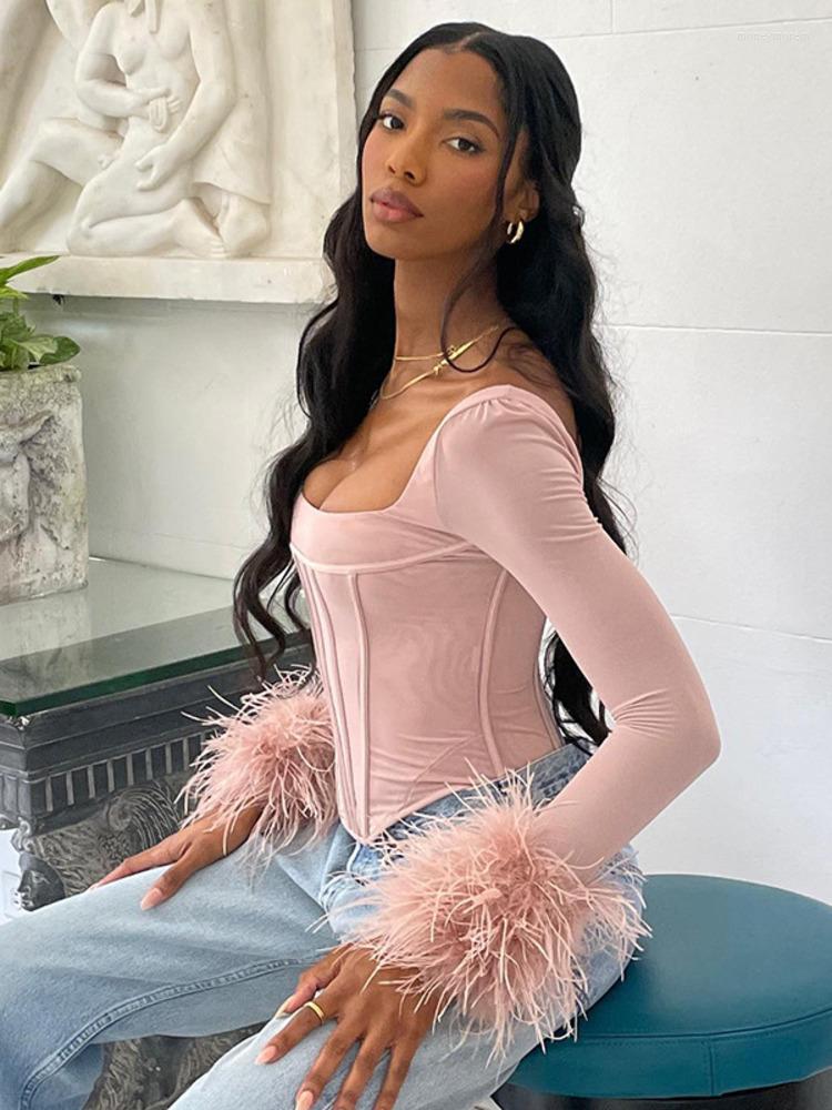

Women' T Shirts UKCNSEP Sexy Women Mesh Split T-Shirts Square Collar See-Through Long Sleeve Feather Tshirt Backless Tops 2023 Fashion, Black