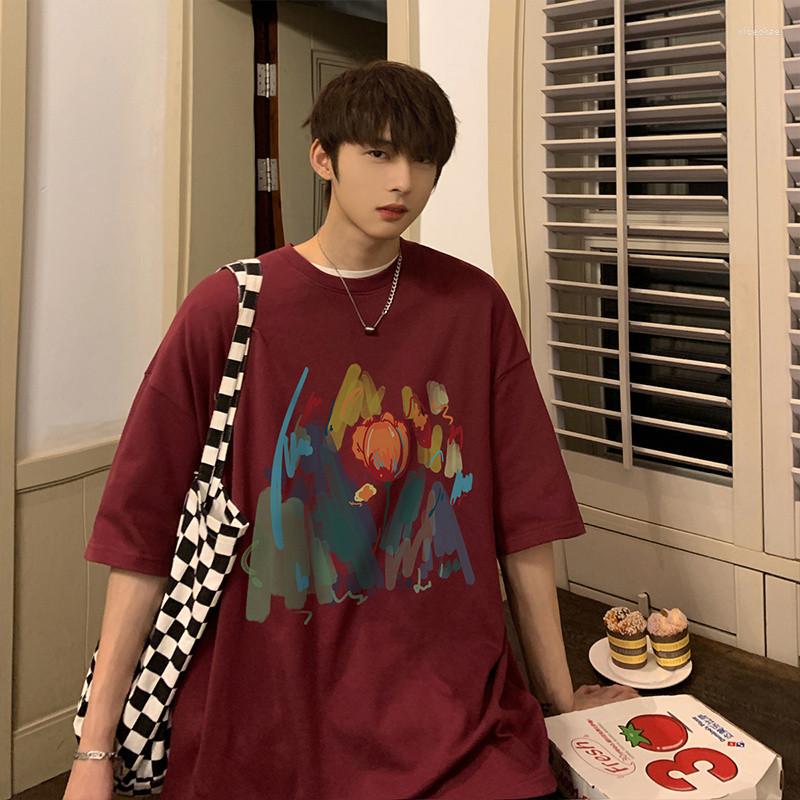 

Men' T Shirts 2023 Quarter Summer Hand-painted American T-shirt Men' Fashion Brand Short Sleeve High Street Burgundy, Beige