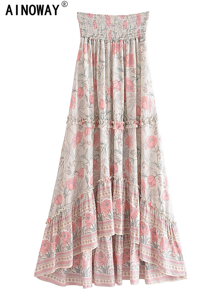 

Skirts Vintage Chic Summer Fashion Women Floral Print Beach Bohemian Long Skirts High Elastic Waist Maxi A-Line Boho Skirt Femme 230414, Beige