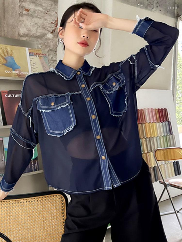 

Women's Blouses Patchwork Denim Shirt Women's Lapel Single Braested Long Sleeve Casual Shirts 2023 Summer Fashion Female Tide M399, Multi