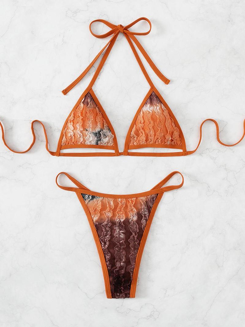 

Women' Swimwear Hollow Out Bra Swimsuit Brazilian Summer Bathing Suit Thong Sexy Blossom Tie-dye Bandage Bikini Women Halter Push Up, Brown