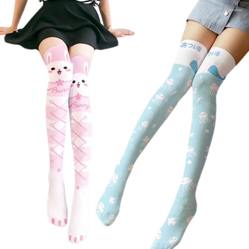 

Women Socks Japanese Thigh High Stockings Harajuku Cute Cartoon Jellyfish Print Anime Over Knee 37JB, Style 2