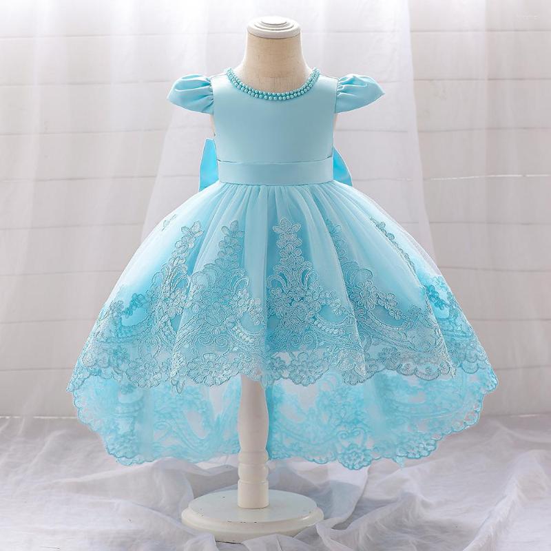 

Girl Dresses Sky Blue Embroidery Lace Hi-Lo Flower Dress Infant First Birthday Party Gown Puffy Ballgown Pearls Neck, T2101xz-white