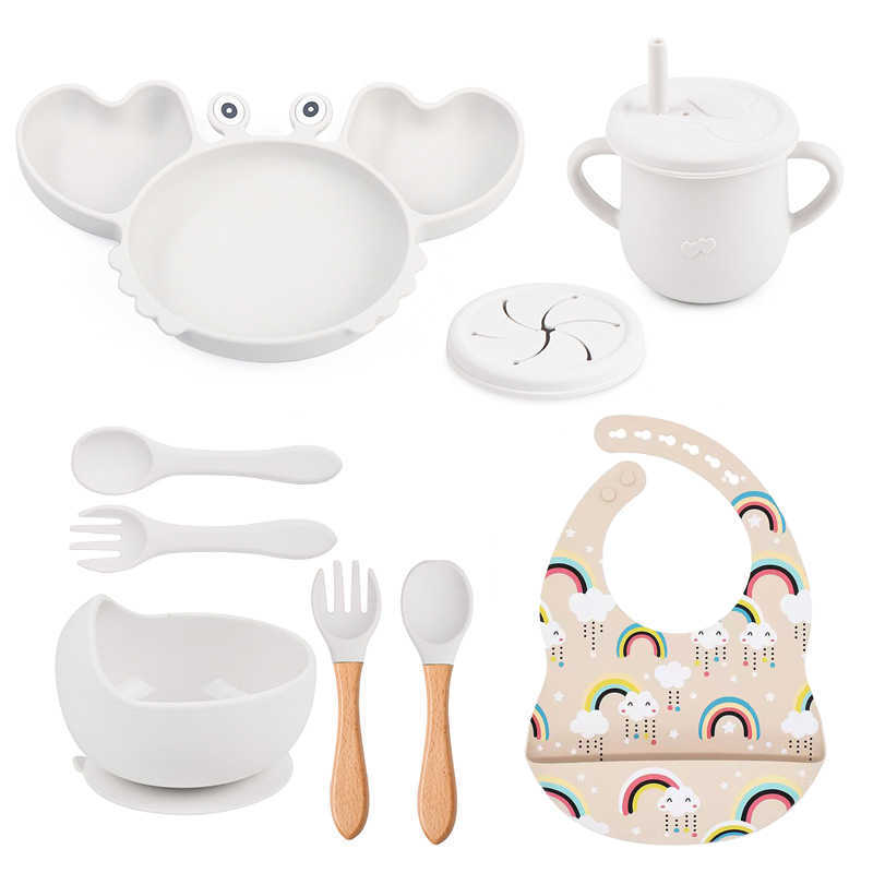 

Cups Dishes Utensils 8 PCS Baby Soft Silicone Sucker Bowl Crab Plate Cup Bibs Spoon Fork Sets Non-slip Tableware Children's Feeding Dishes BPA Free AA230413