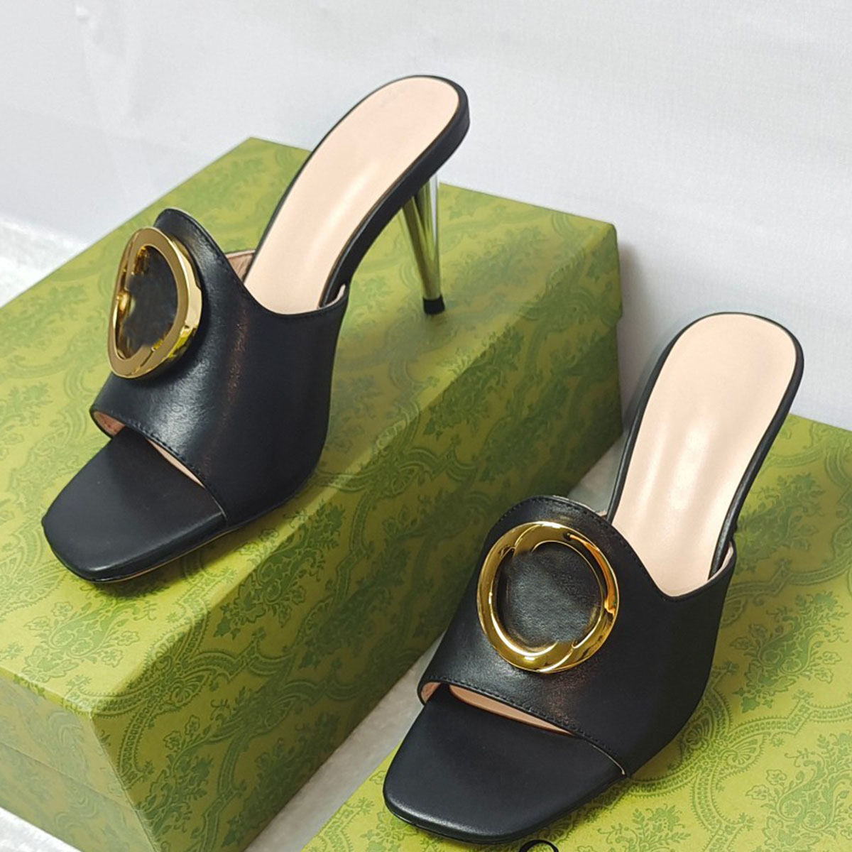 

Blondie Mule Slippers Slides Sandals heeled chunky block heels open-toe women's luxury designers Motif leather outsole Evening Party shoes 70mm factory footwear, Pink