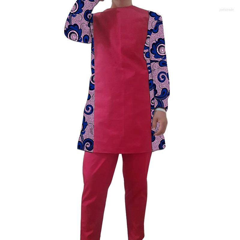 

Men's Tracksuits African Print Patchwork Shirts With Solid Red Pants Long Sleeves Men's Sets Tailored Nigerian Fashion Groom Suit