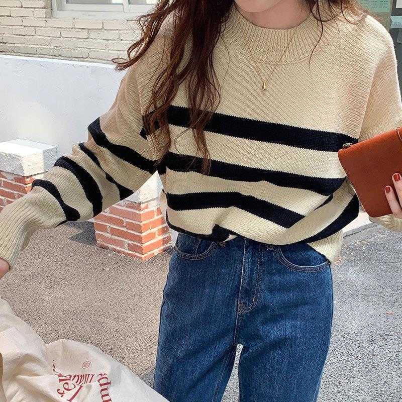 

Contrast Color Striped Innerwear Womens Sweaters Knitwear Autumn And Winter, Black
