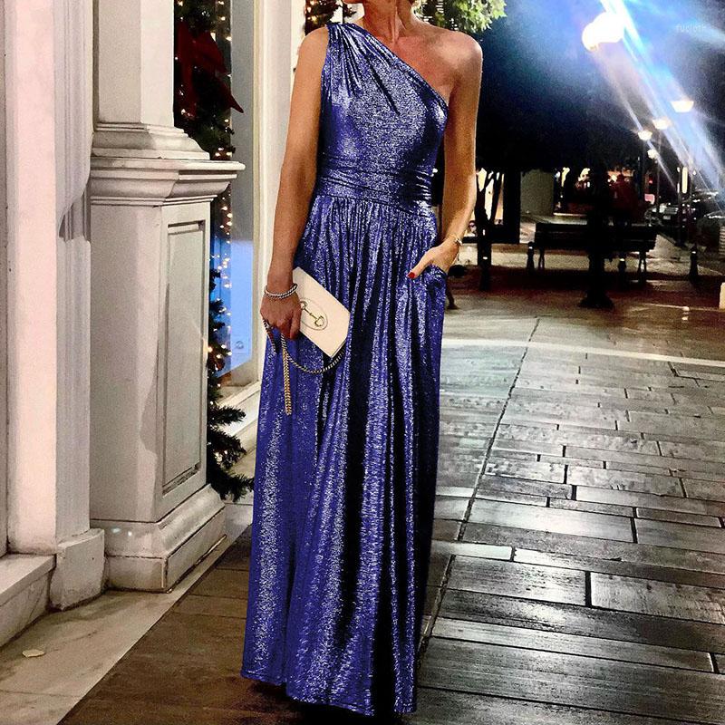 

Casual Dresses Women Elegant Off Shoulder Waist Party Dress 2023 Sexy Skew Collar Solid Long Summer Backless Pocket Evening, 02 gold