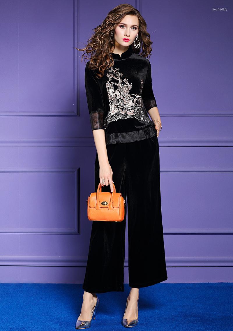 

Women's Two Piece Pants Women Autumn Winter Elegant Embroidery Velvet Pant Suit Set Female Office Mesh Designer Two-piece Suits, Black