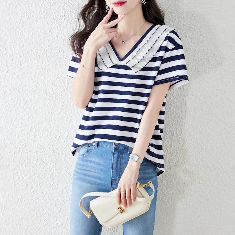 

Women' T Shirts 95% Cotton Women Loose Simple Temperament T-shirt 2023 Summer Trend Fashion Short Sleeve Top Striped Tshirt Y2k Clothes, Picture