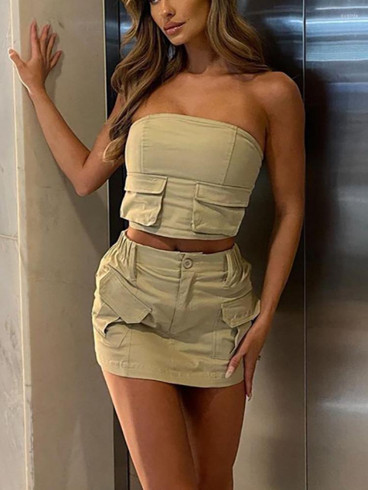 

Women' Tanks Strapless Black Off Shoulder Crop Tops Y2K Street Pocket 2023 Summer Khaki Casual Vintage Tube Tank Top Women Backless