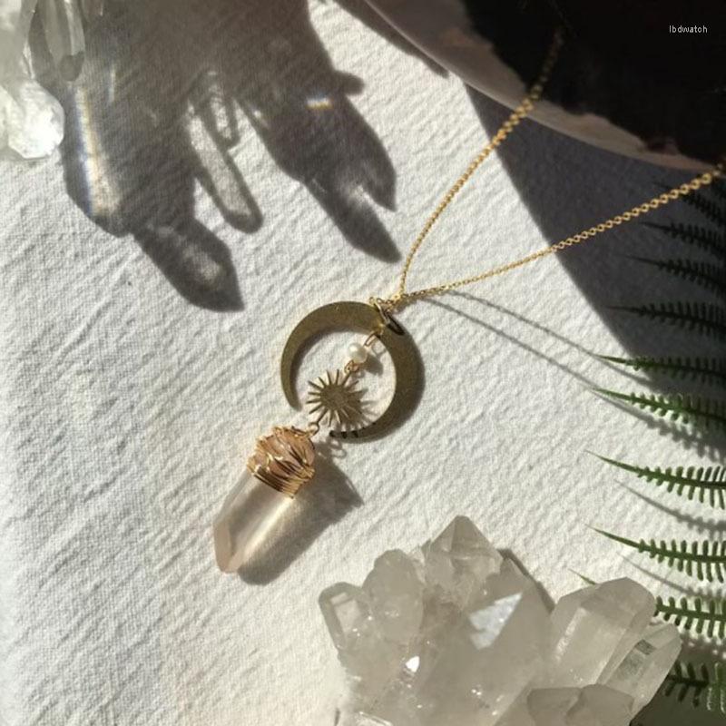 

Dangle Earrings Vintage Bohemian Crystal Quartz Stone Sun Moon Pendant Necklace Hand Wrapped Copper Metal Collar Chain Statement