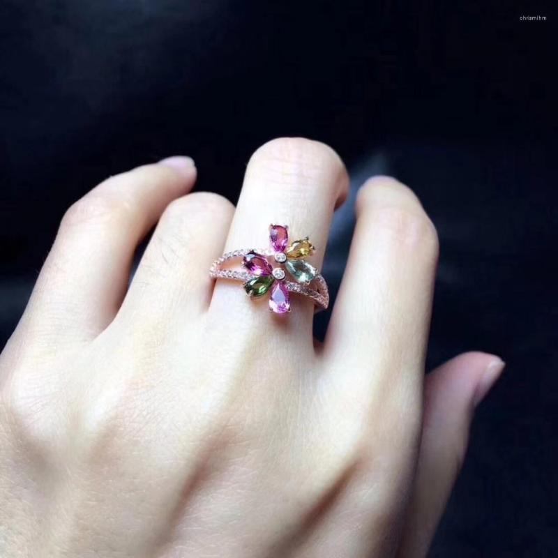 

Cluster Rings Fashion Grace Flower Natural Multicolor Tourmaline Ring S925 Silver Gemstone Women's Party Fine Gift Jewelry