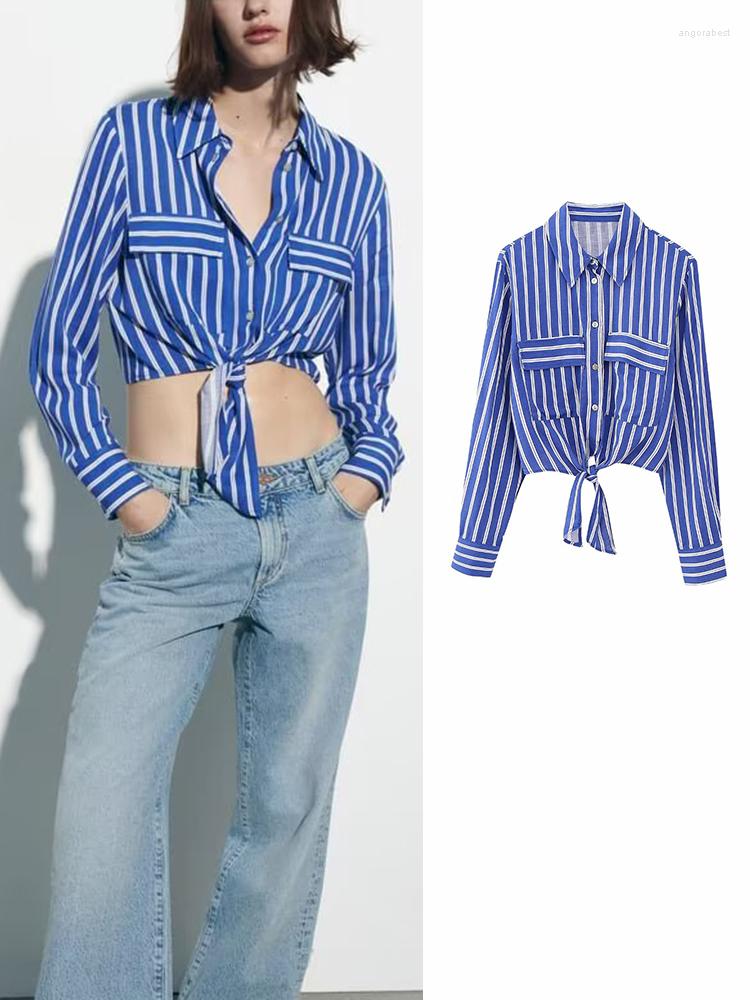 

Women's Blouses Stripe Shirt Women's Knot Cropped Shirts And For Women Fashion Button Up Blouse Female Long Sleeve Flip Patch Pocket Top, Blue
