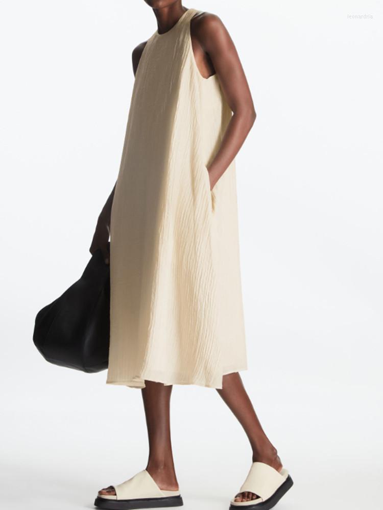 

Casual Dresses Women O-Neck Sleeveless Robe Loose Simple Solid Color Mid-Calf Dress