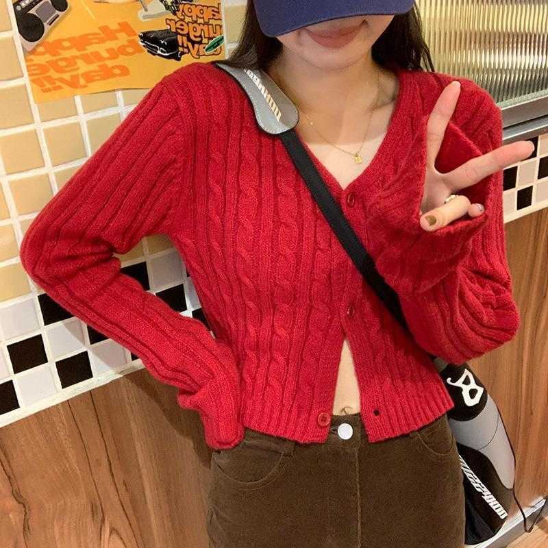 

Twisted Short Sweater Cardigan Autumn Retro V Neck Inner Single Breasted Long, Coffee