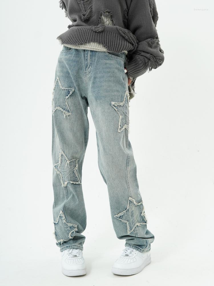 

Women' Jeans QWEEK Harajuku Retro Grunge Women Vintage 90s Star Wide Leg Blue Denim Pants Female Oversized Streetwear Hip Hop Trousers