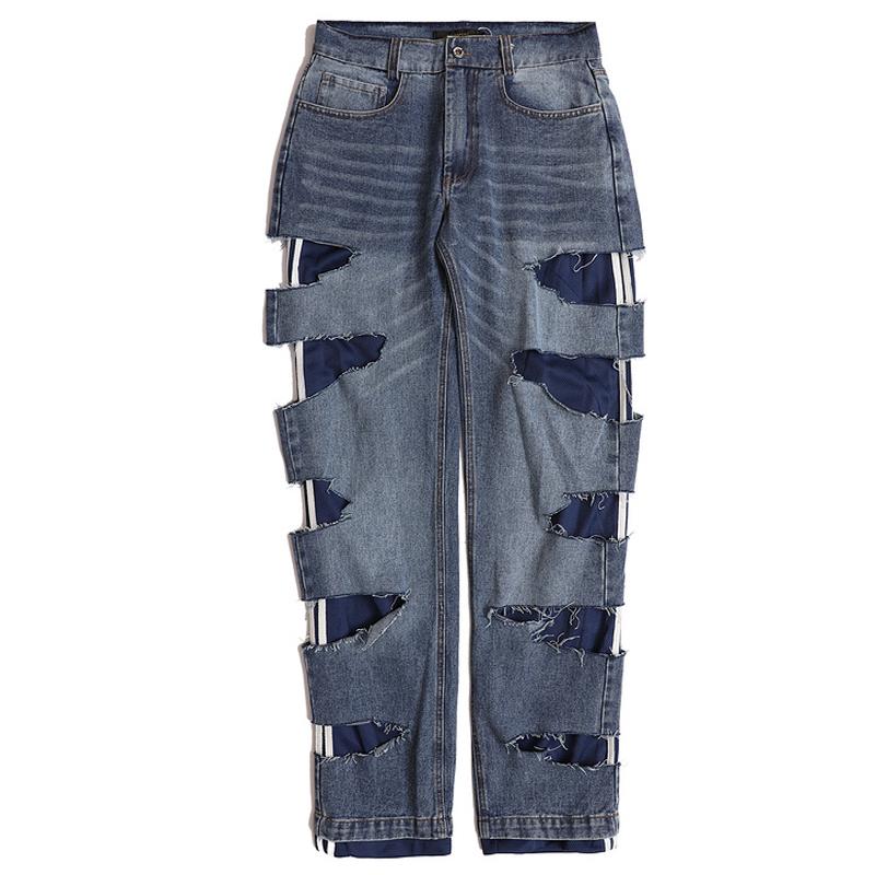 

Men's Jeans Patchwork Ripped Mens Retro Denim Pants Trousers High Street HipHop Loose Washed Destroyed Homme Straight, Black