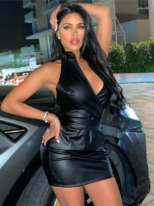 

Casual Dresses Pu Faux Leather Women Halter Deep V-neck Corset Mini Dress Backless Bodycon Sexy Streetwear Party Elegant Club 2023 Summer, Black