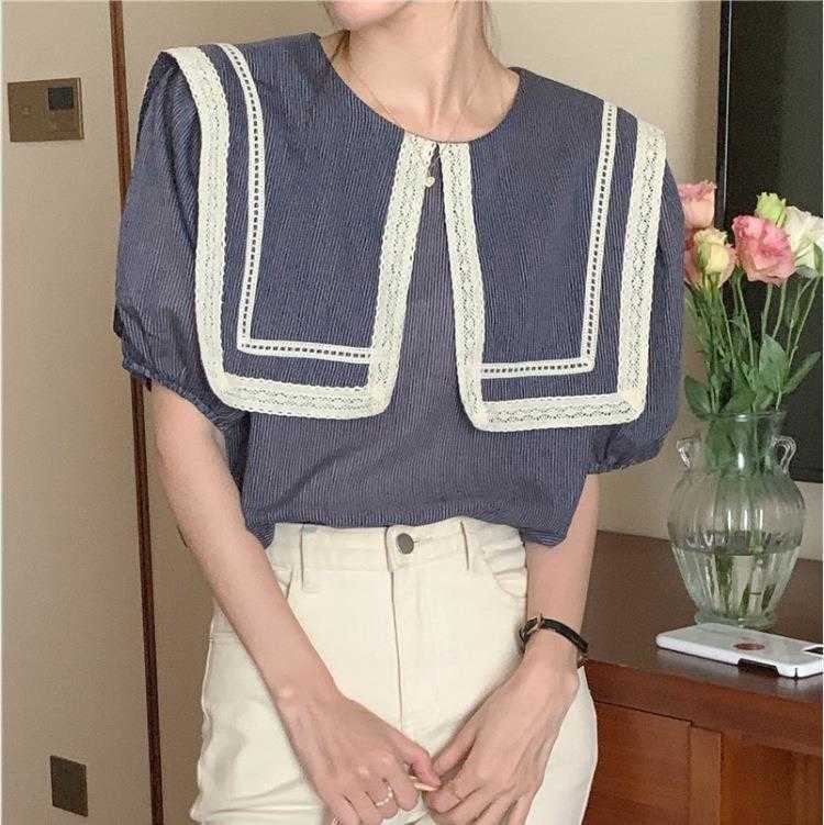 

Korean Style Blouses Mori Lace Stitching Large Lapel Small Short Sleeve Plaid, Green