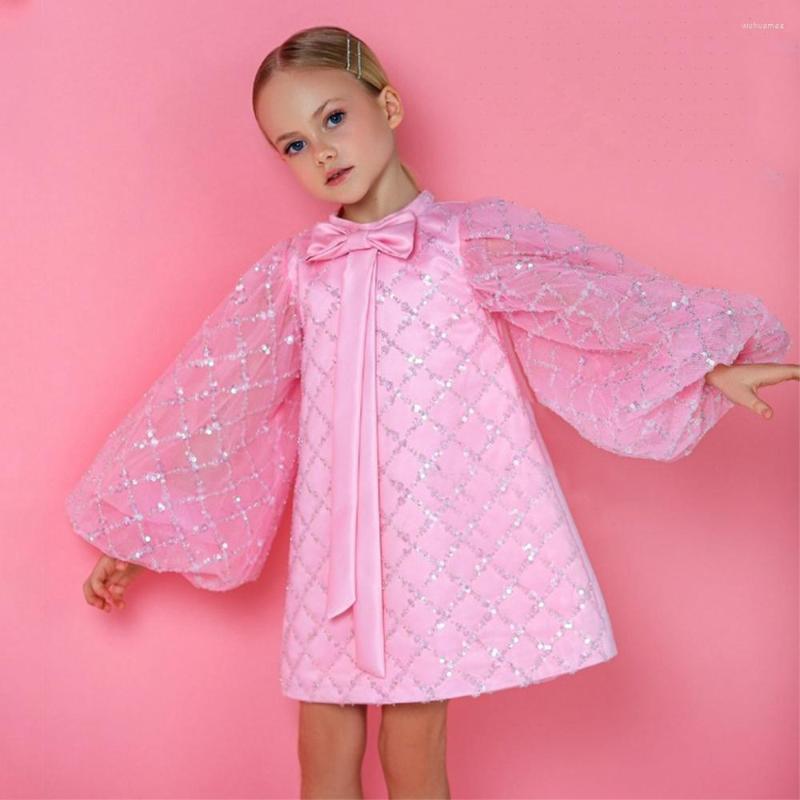 

Girl Dresses Chic Long Lantern Sleeve Flower Dress High Neck With Bow Diamond Pattern A-Line Short Gown For Baby Festival Birthday Party, Blue