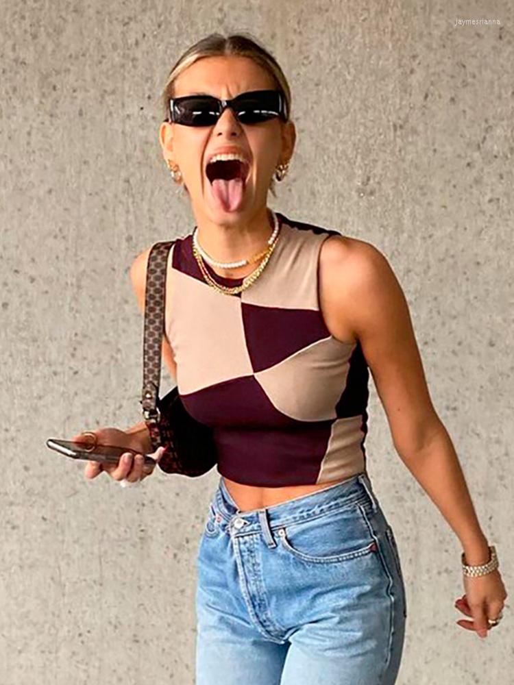 

Women' Tanks 2023 Patchwork Sleeveless Crop Top Women Summer Casual Basic T Shirts Sexy Off Shoulder 90S Brown Tank Tops, Black
