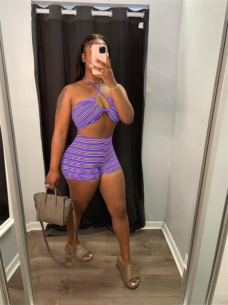 

Women' Tracksuits Fashion 2023 Two 2 Piece Sets Sleeveless Halter Crop Top Biker Shorts Sweatsuits Women Outfits Stripe Matching Suits, Blue