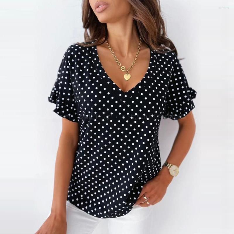 

Women's T Shirts Womens Summer Polka Dot V Neck T-Shirt Tops Ladies Slight Strech Casual Short Sleeve Ruffle Blouse Tunic Tee For, Black