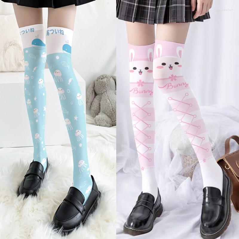 

Women Socks Japanese Style Thigh High Stockings Harajuku Cute Cartoon Jellyfish Animal Print Anime Over Knee Long, Style 2