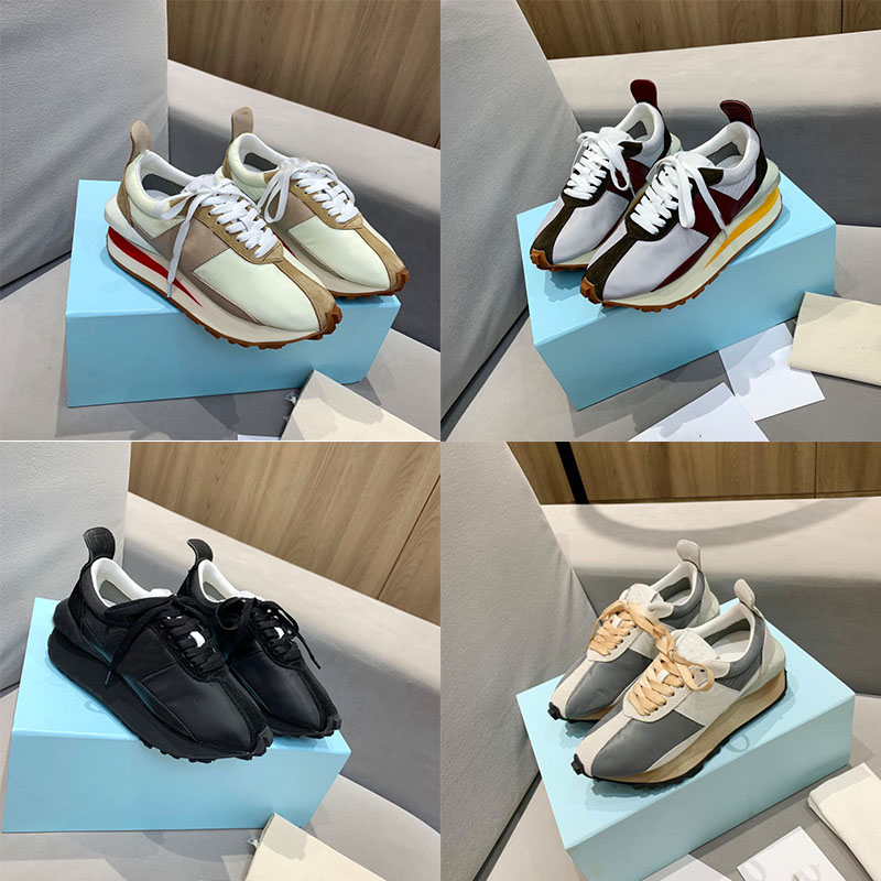 

Men's and women's Napa calf leather shoes rubber lovers' soles Langfan logo grid woven lace-up shoes style 90' s extraordinary sports shoes embossed leather sports shoes., Grey