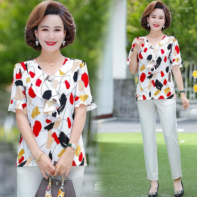 

Women's Blouses Summer Clothing Womens Shirts Chiffon Blouse For Women Female Woman Tops Short Sleeve Ruffled V-neck Print Clothes, Blue