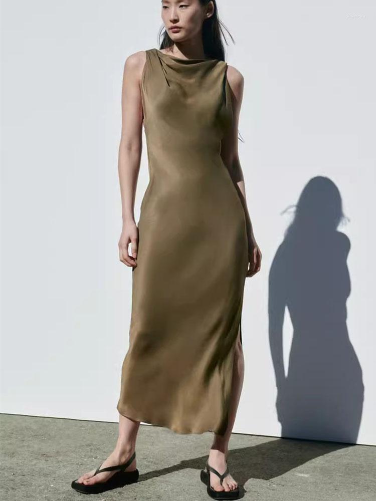 

Casual Dresses Women's Dress 2023 Summer Commuter Sleeveless Round Neck Slim Silk Satin Texture Split Midi Skirt, Light khaki