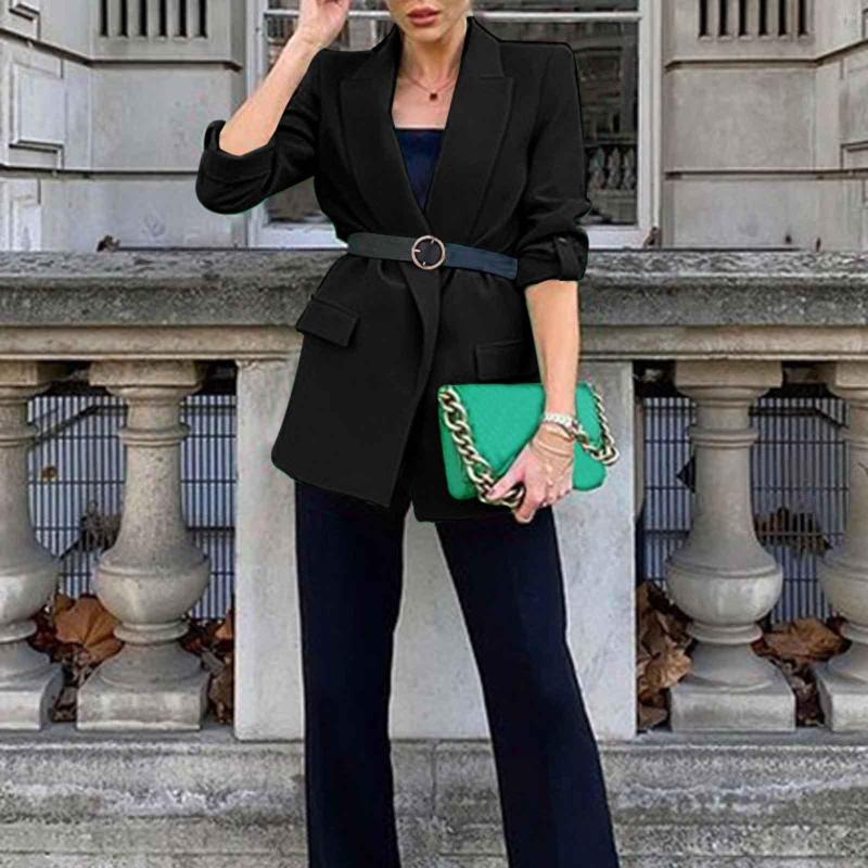 

Work Dresses Lightweight Puffy Coat Women Fashion Casual Solid Long Sleeve Open Front Notched Collar Suit Cardigan Office Ladies, Black
