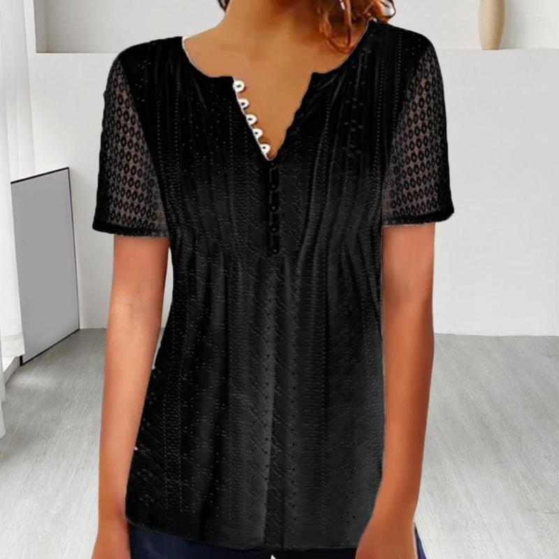 

Women' Blouses Women Shirt Blouse Hollow Out Button Half Placket Lace Short Sleeve Solid Color See-through V Neck Summer Top Lady Clothing, Black